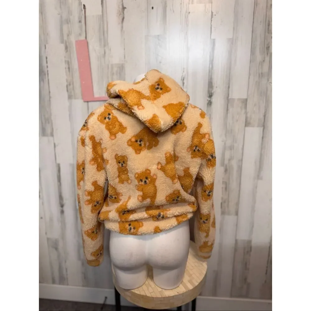 Be Storie Teddy Bear Sherpa Hoodie Cropped Pullover Size Large Cozy Cute